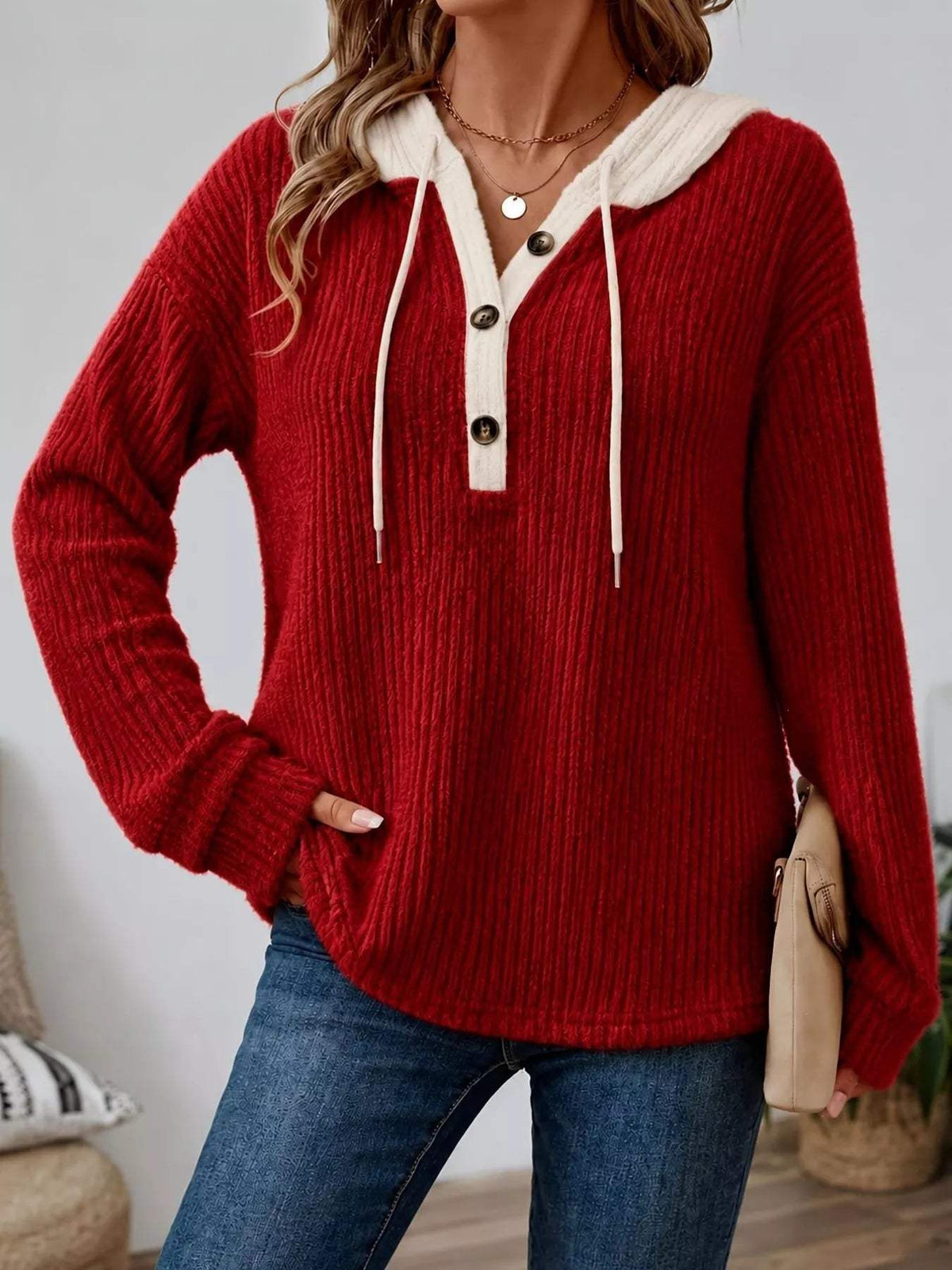Full Size Drawstring Button Detail Hooded Sweater Plus Size - Trendsi - Flyclothing LLC