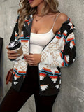 Geometric Zip Up Hooded Sherpa Jacket - Trendsi