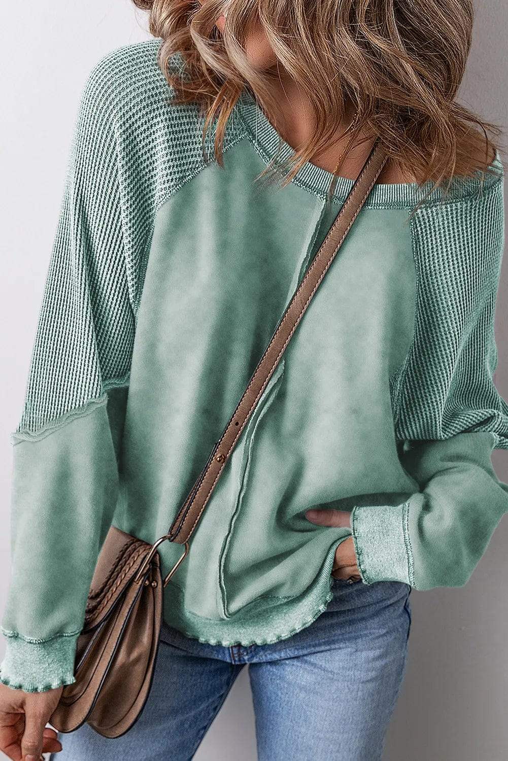 Exposed Seam Long Sleeve Sweatshirt - Trendsi - Flyclothing LLC