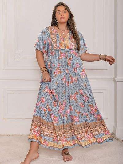 Plus Size Printed Tie Neck Flutter Sleeve Maxi Dress - Trendsi - Flyclothing LLC