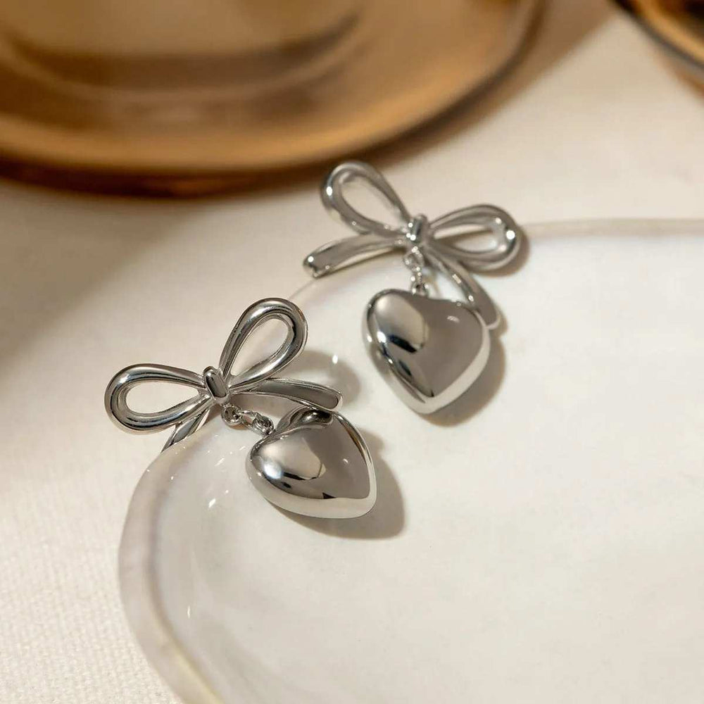Stainless Steel Bow & Heart Drop Earrings - Trendsi - Flyclothing LLC