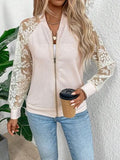 Lace Baseball Collar Zip Up Jacket - Trendsi