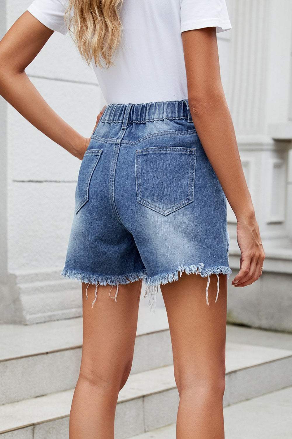 Distressed Raw Hem Asymmetric Waist Denim Shorts - Trendsi - Flyclothing LLC