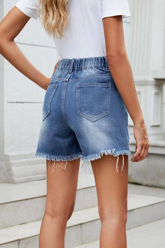 Distressed Raw Hem Asymmetric Waist Denim Shorts - Trendsi - Flyclothing LLC