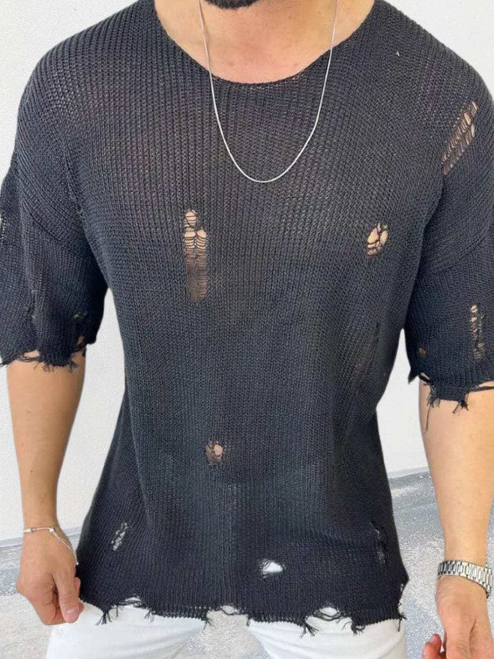 Men's Distressed Round Neck Knit Top - Trendsi - Flyclothing LLC