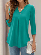 Notched Three-Quarter Sleeve T-Shirt - Trendsi - Flyclothing LLC