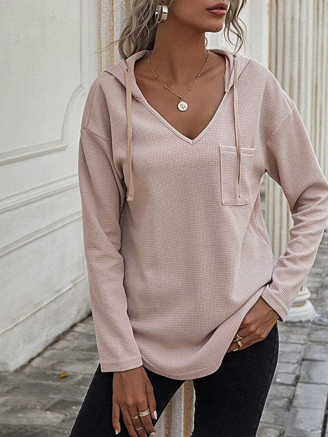 Drawstring Waffle Knit Long Sleeve Hooded Top - Trendsi - Flyclothing LLC