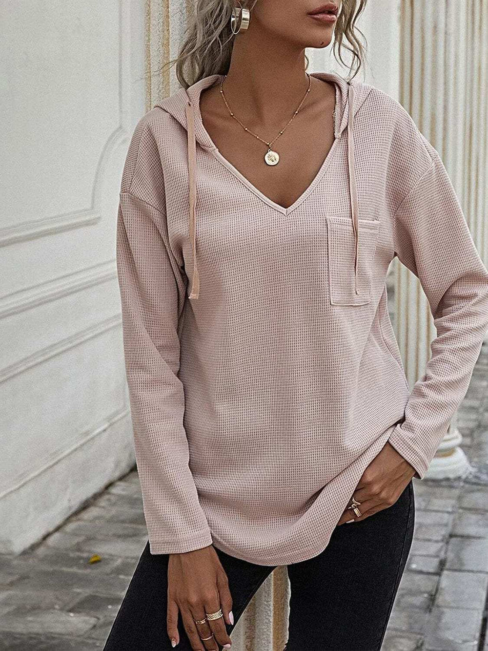 Drawstring Waffle Knit Long Sleeve Hooded Top - Trendsi - Flyclothing LLC
