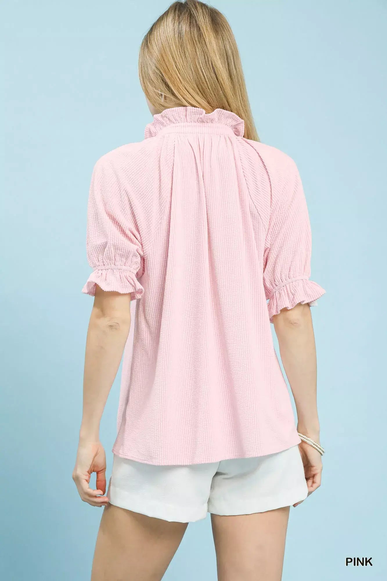 Umgee Textured Ruffle Sleeve V-Neck Top - Trendsi - Flyclothing LLC