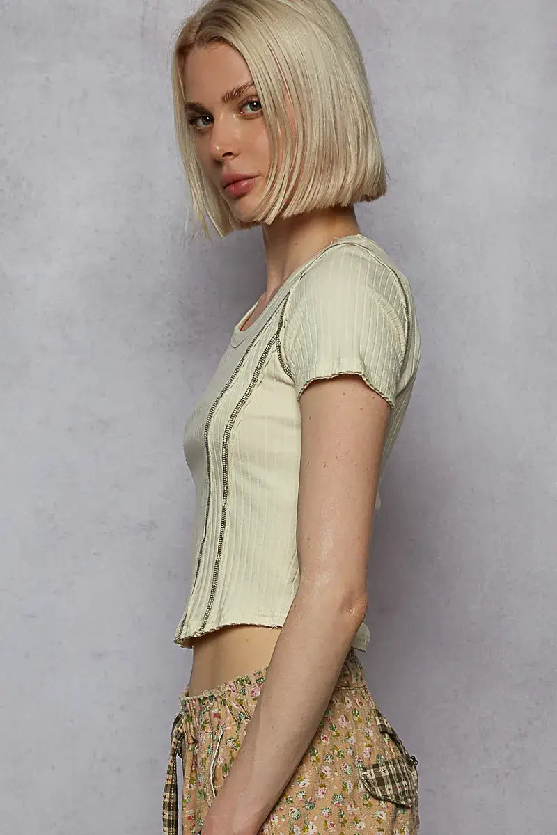 POL Contrast Stitching Round Neck Crop T-Shirt - Trendsi - Flyclothing LLC