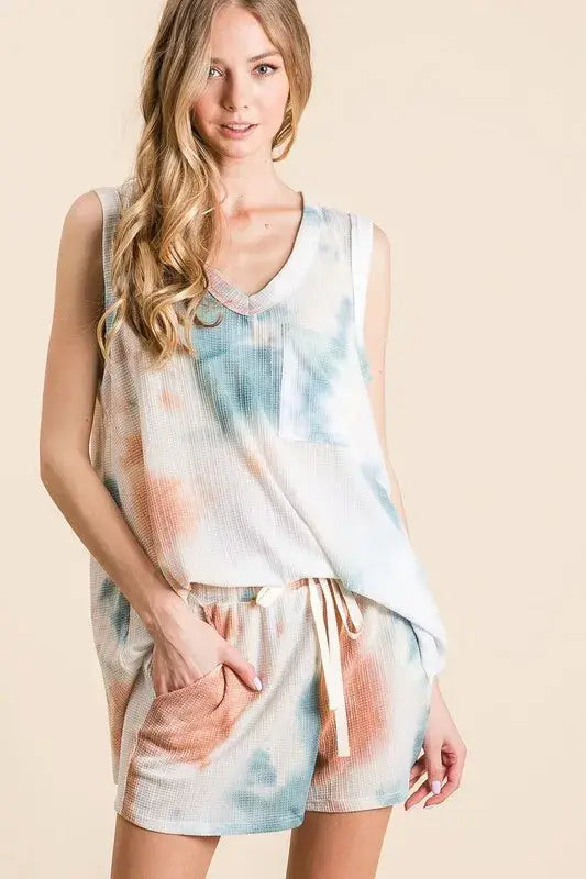 BiBi Tie Dye Textured Knit Top and Shorts Set - Trendsi - Flyclothing LLC