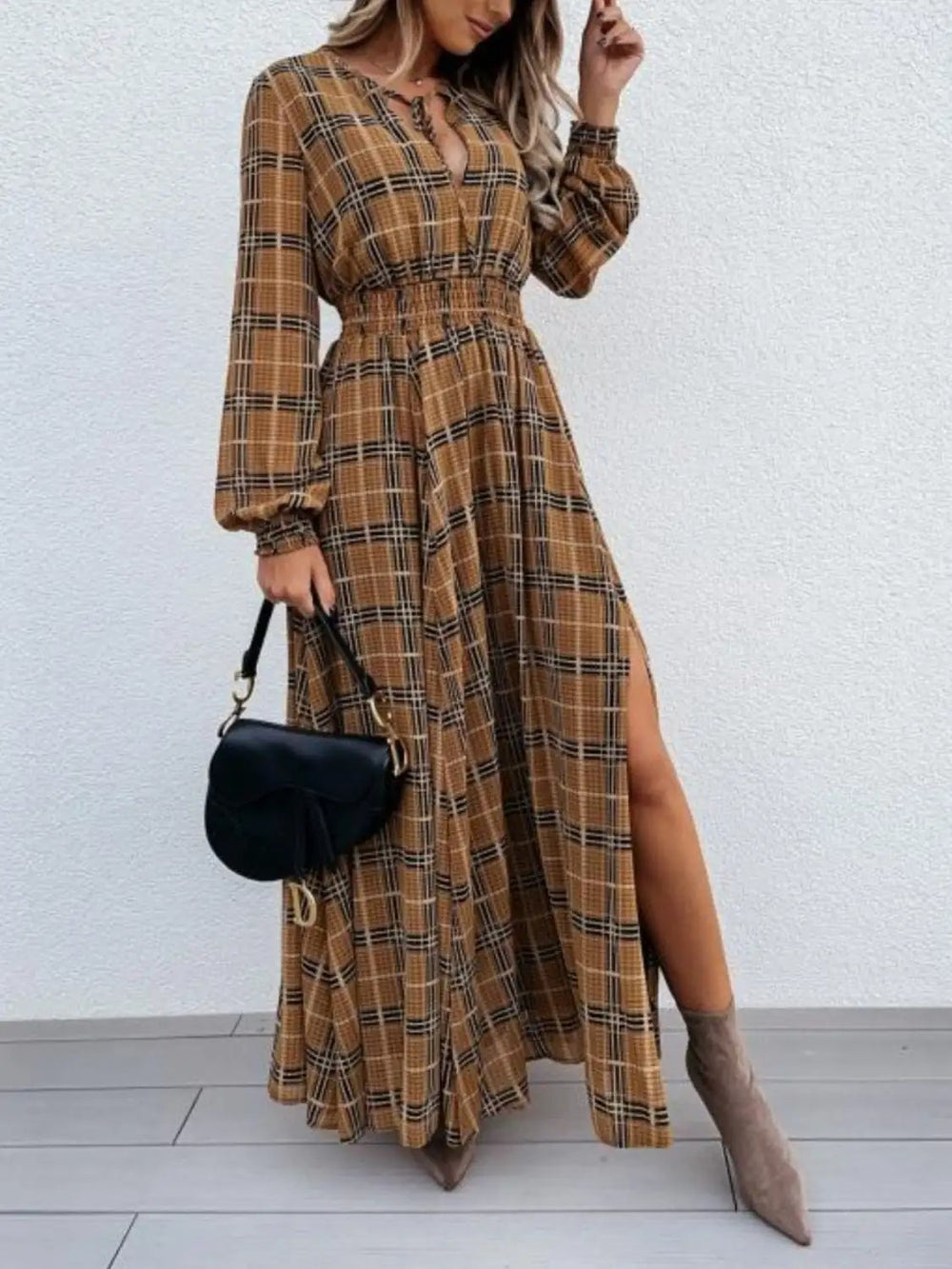 Slit Plaid Tie Neck Long Sleeve Maxi Dress - Trendsi
