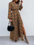 Slit Plaid Tie Neck Long Sleeve Maxi Dress - Trendsi