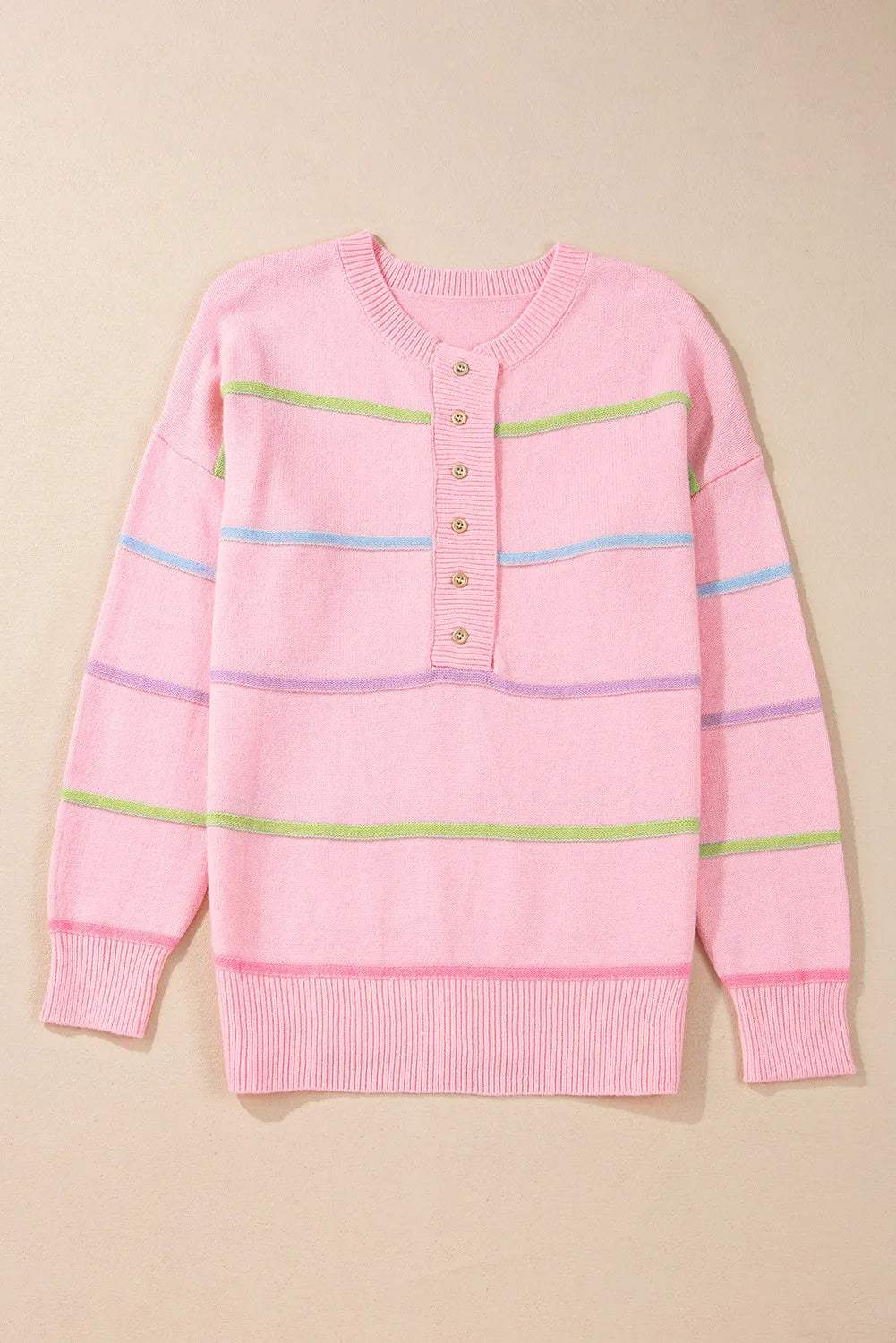 Contrast Striped Half Button Round Neck Sweater - Trendsi - Flyclothing LLC