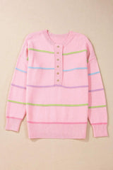 Contrast Striped Half Button Round Neck Sweater - Trendsi - Flyclothing LLC