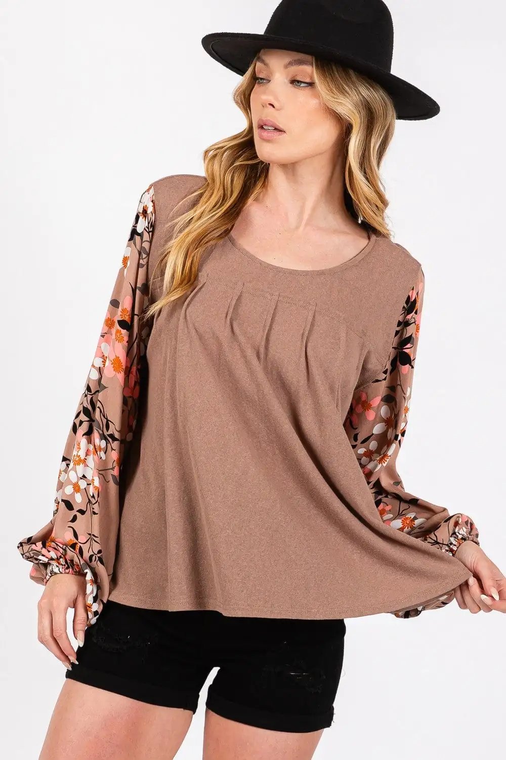 SAGE + FIG Floral Long Sleeve Front Pleated Detail Blouse - Trendsi