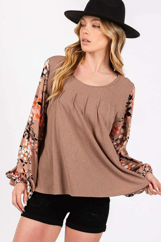SAGE + FIG Floral Long Sleeve Front Pleated Detail Blouse - Trendsi - Flyclothing LLC