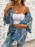 Printed Open Front Three-Quarter Sleeve Cover Up - Trendsi