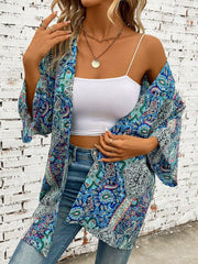 Printed Open Front Three-Quarter Sleeve Cover Up - Trendsi