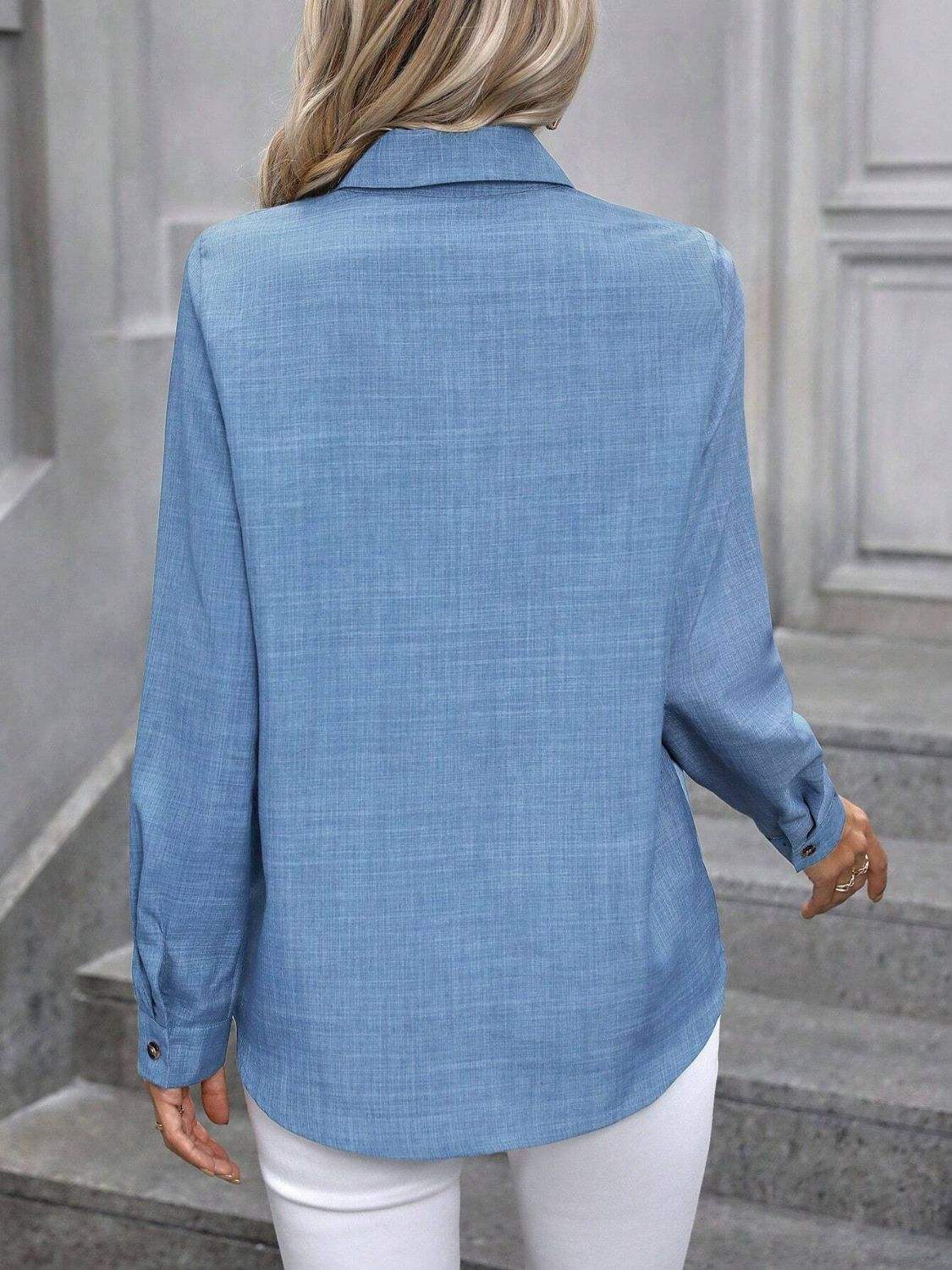 Button Up Collared Neck Long Sleeve Shirt - Trendsi - Flyclothing LLC