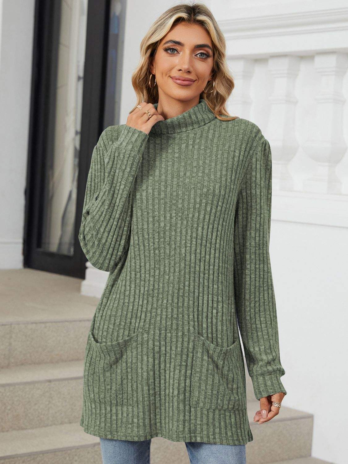 Ribbed Mock Neck Long Sleeve T-Shirt - Trendsi - Flyclothing LLC