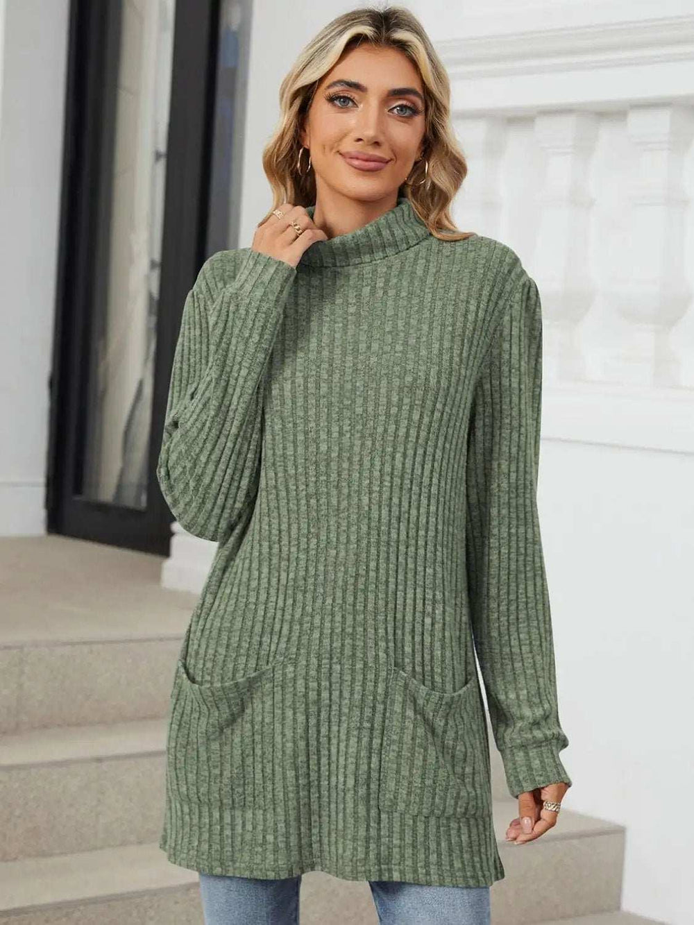 Ribbed Mock Neck Long Sleeve T-Shirt - Trendsi - Flyclothing LLC