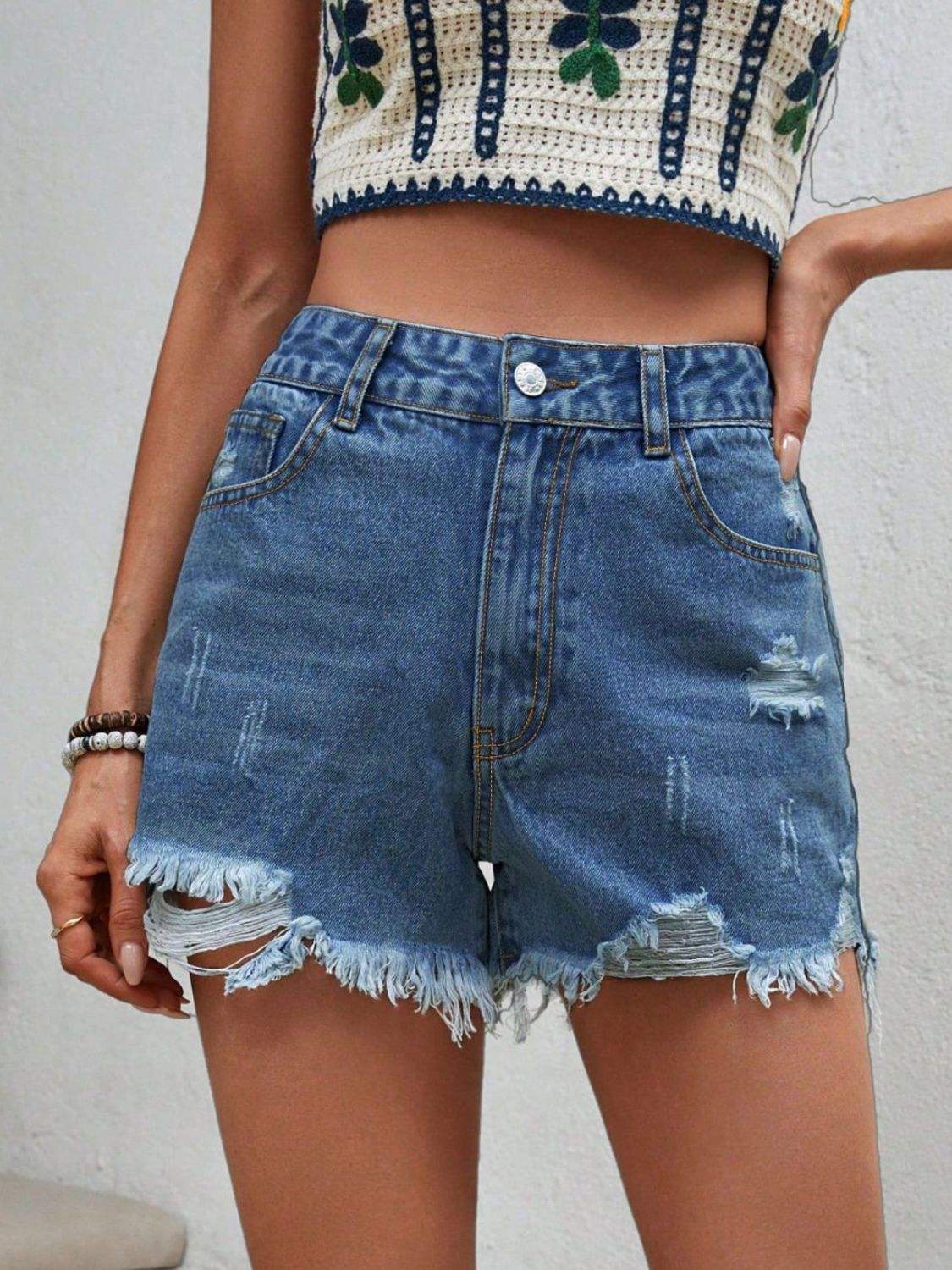 Distressed Raw Hem Denim Shorts - Trendsi - Flyclothing LLC