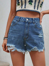 Distressed Raw Hem Denim Shorts - Trendsi - Flyclothing LLC