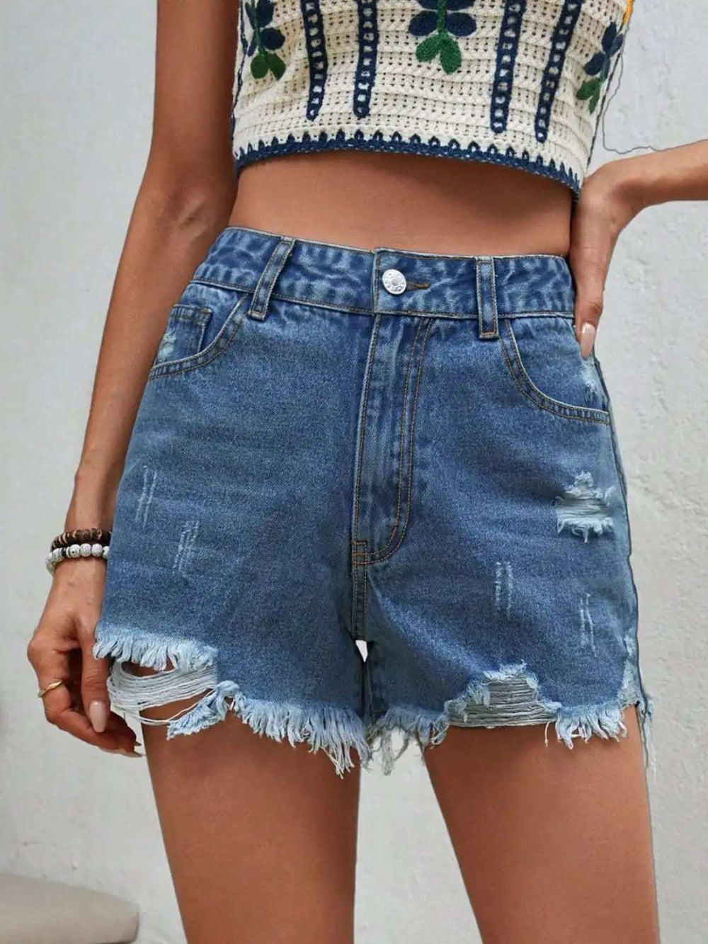 Distressed Raw Hem Denim Shorts - Trendsi - Flyclothing LLC