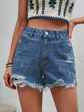 Distressed Raw Hem Denim Shorts - Trendsi