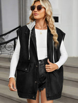 Removable Hood Button Up Cap Sleeve Denim Jacket - Trendsi - Flyclothing LLC