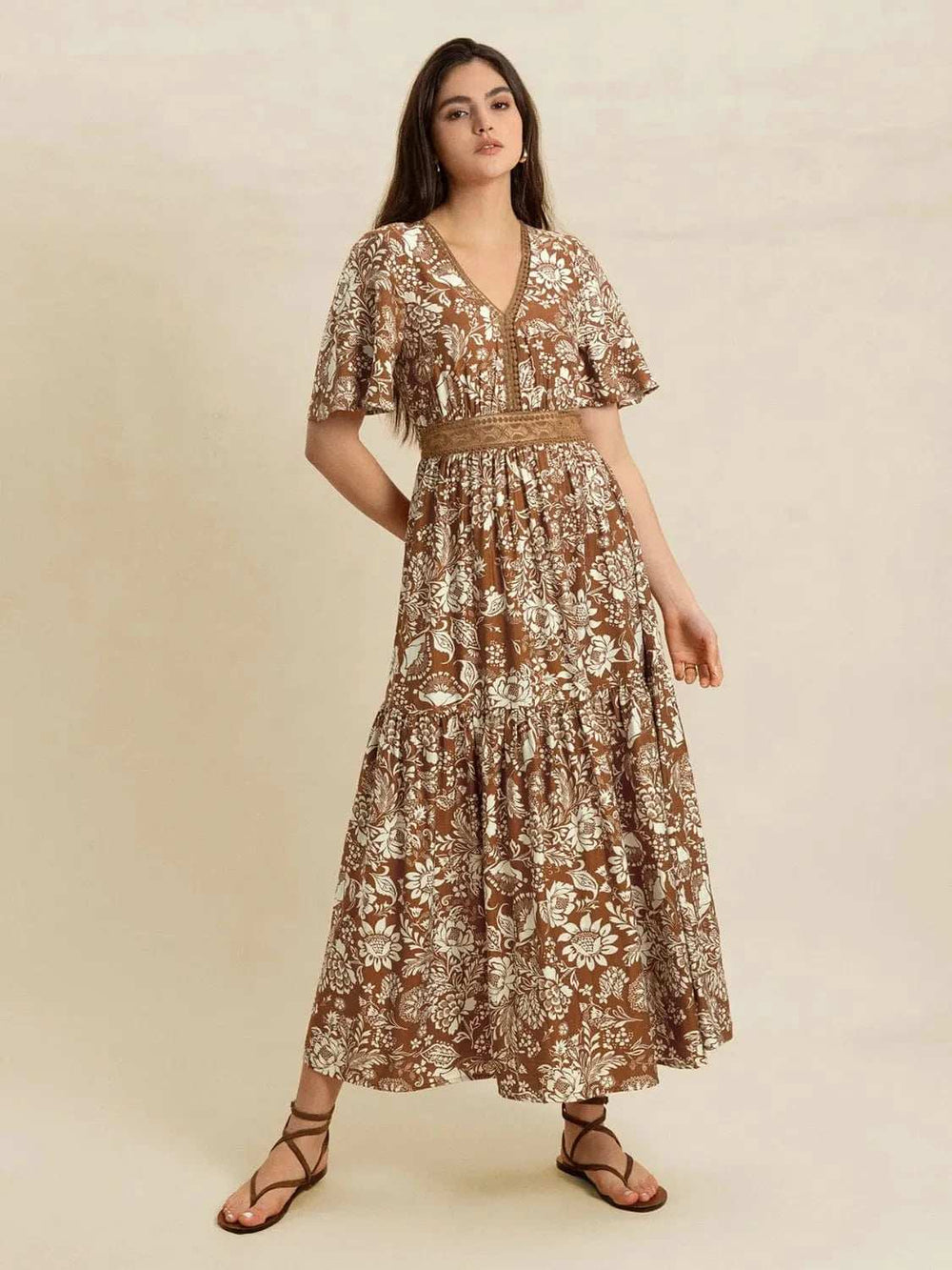 Lace Detail Printed Short Sleeve Midi Dress - Trendsi - Flyclothing LLC