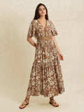 Lace Detail Printed Short Sleeve Midi Dress - Trendsi