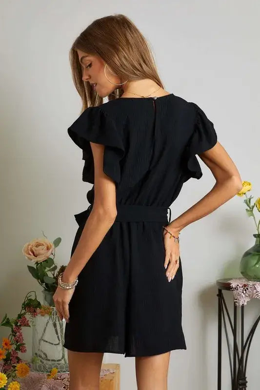 ADORA Ruffle Sleeves Romper with Pockets - Trendsi - Flyclothing LLC