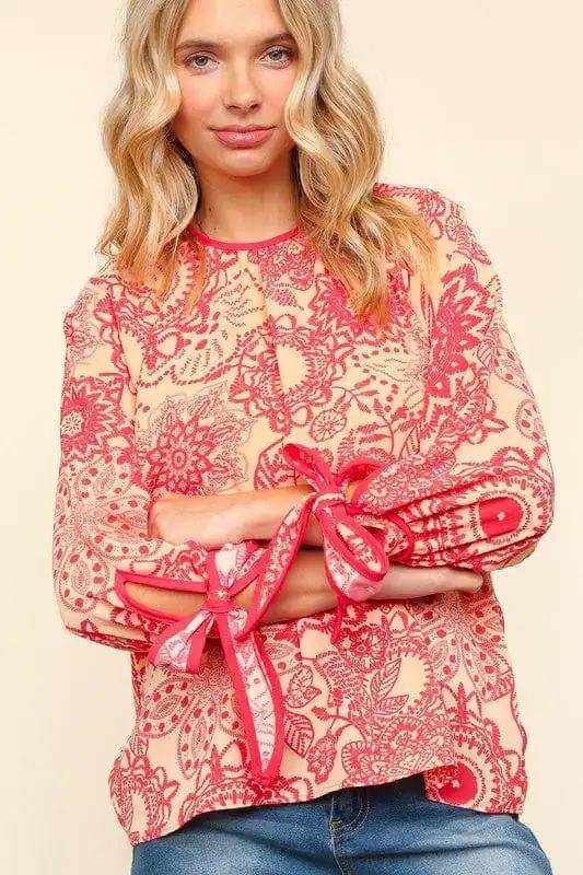 Haptics Ribbon Bow Detail Floral Round Neck Blouse - Trendsi - Flyclothing LLC