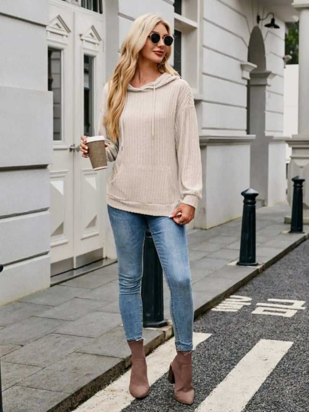 Ribbed Drawstring Long Sleeve Hoodie - Trendsi - Flyclothing LLC