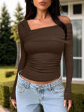 Ruched One Shoulder Long Sleeve T-Shirt - Trendsi - Flyclothing LLC