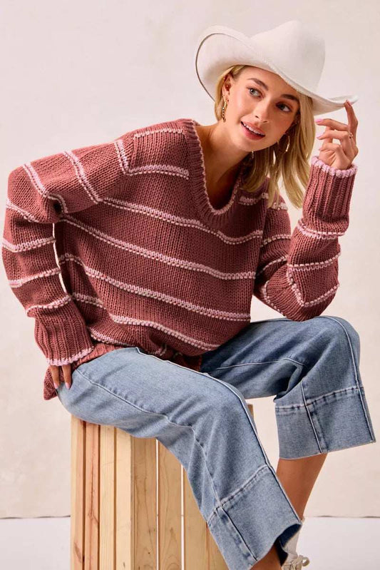 BiBi Striped Long Sleeve Sweater - Trendsi - Flyclothing LLC