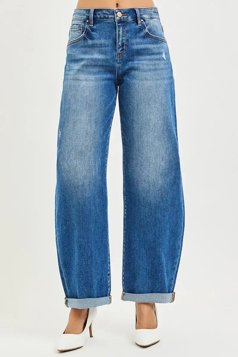 RISEN Full Size Mid Rise Barrel Double Roll Up Jeans Plus Size - Trendsi - Flyclothing LLC