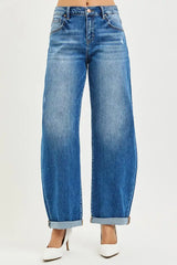 RISEN Full Size Mid Rise Barrel Double Roll Up Jeans Plus Size - Trendsi - Flyclothing LLC