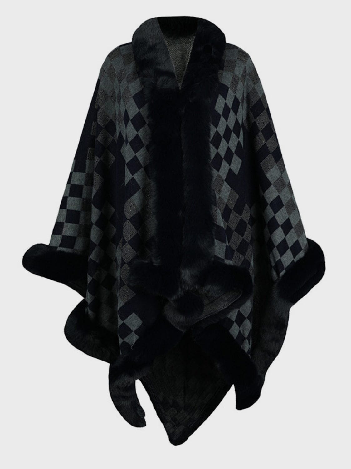 Fuzzy Checkered Long Sleeve Poncho - Trendsi