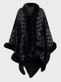 Fuzzy Checkered Long Sleeve Poncho - Trendsi