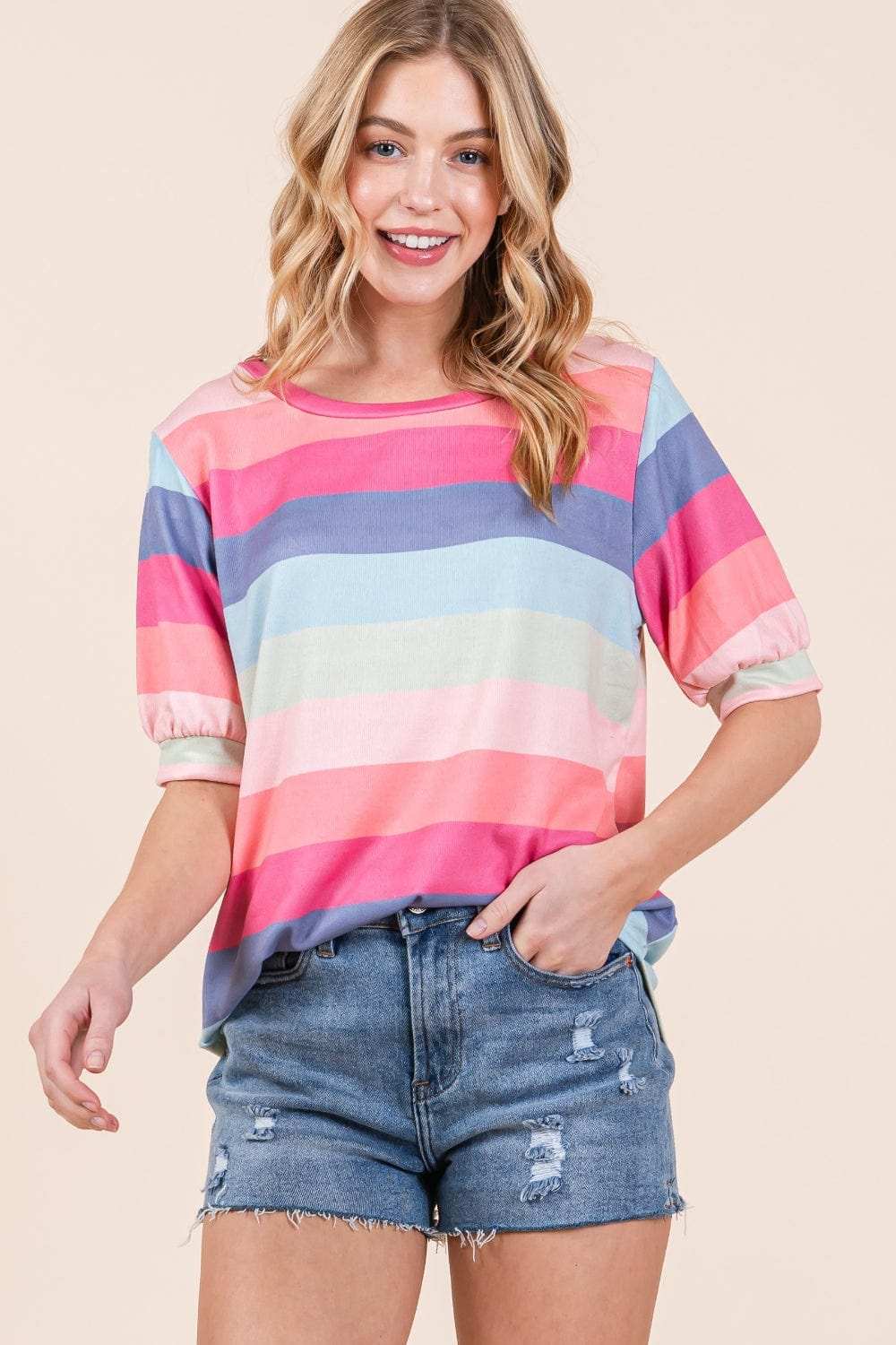BOMBOM Striped Round Neck Half Sleeve T-Shirt - Trendsi - Flyclothing LLC