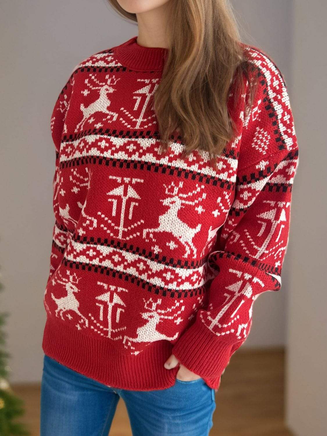 Christmas Element Round Neck Long Sleeve Sweater - Trendsi - Flyclothing LLC