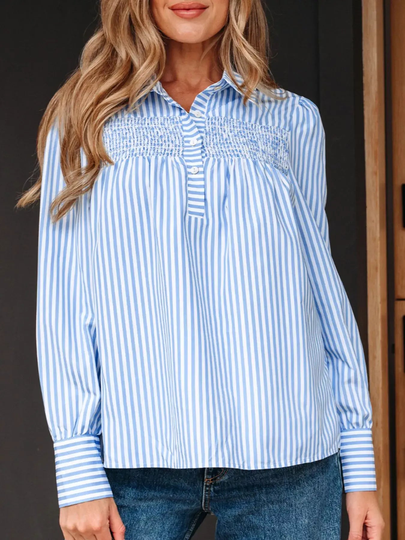 Stripe Shirred Detail Half Placket Collared Long Sleeve Shirt - Trendsi - Flyclothing LLC