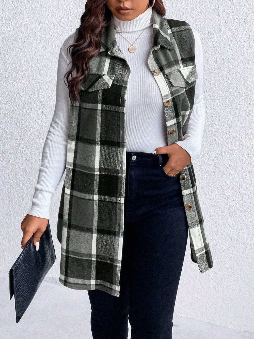 Honey Plus Size Pocketed Plaid Button Up Vest Coat - Trendsi - Flyclothing LLC