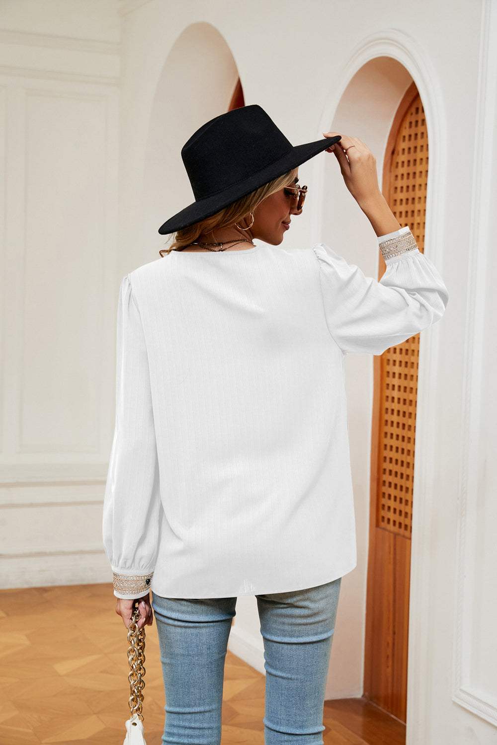 Contrast Puff Sleeve Blouse - Trendsi - Flyclothing LLC