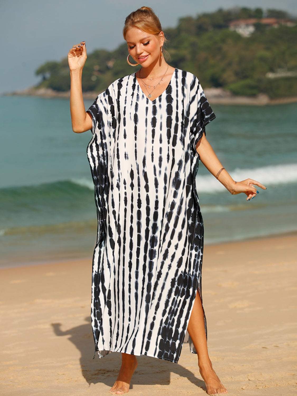 Tie-Dye V-Neck Half Sleeve Cover-Up - Trendsi - Flyclothing LLC