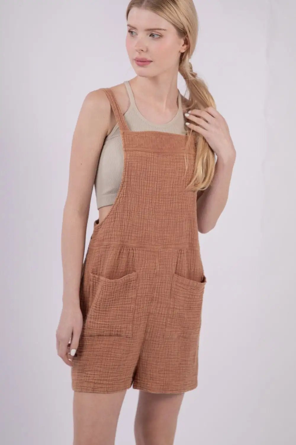 VERY J Sleeveless Double Gauze Overalls with Pockets - Trendsi