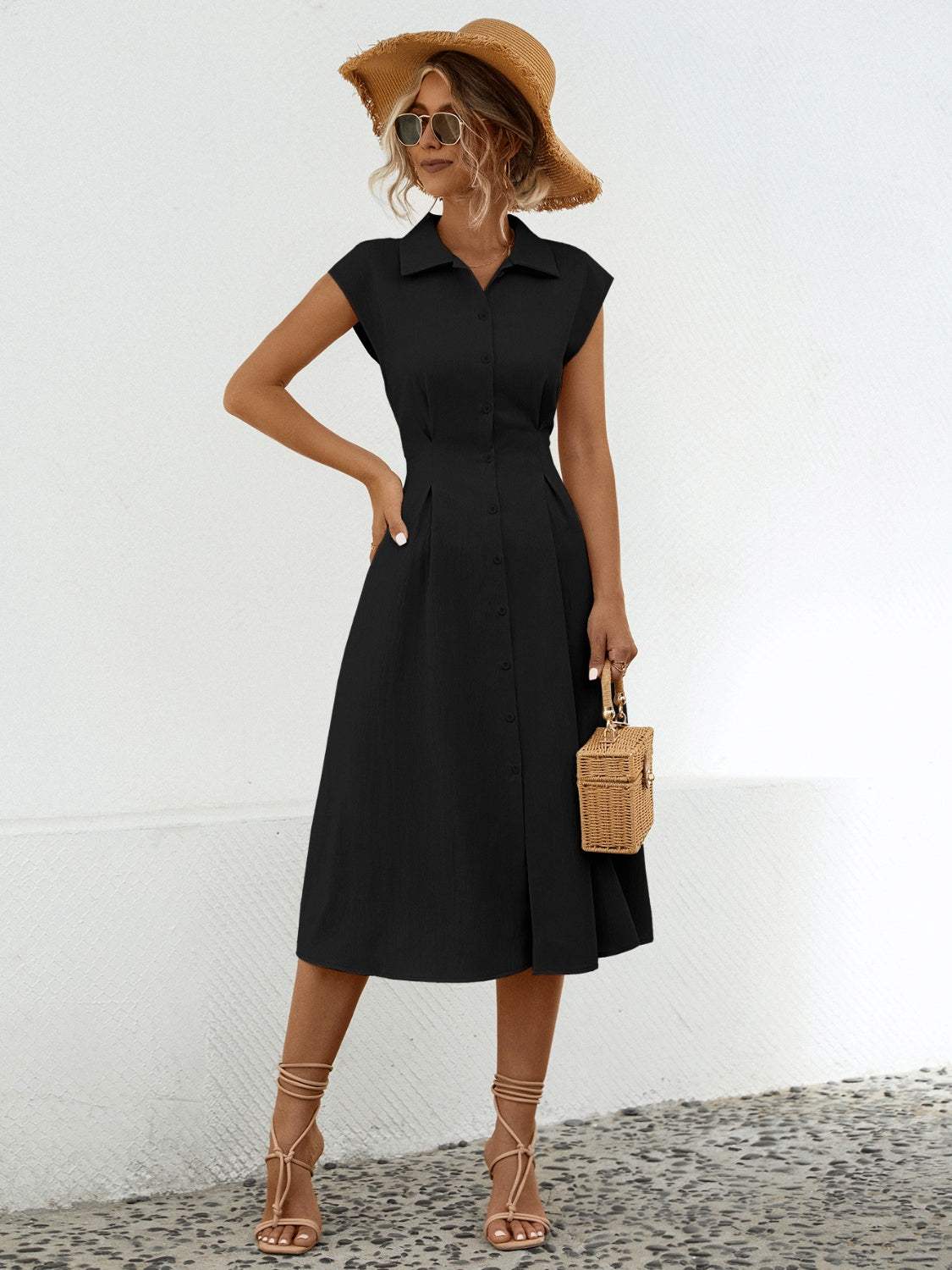 Button Up Cap Sleeve Midi Dress - Trendsi - Flyclothing LLC